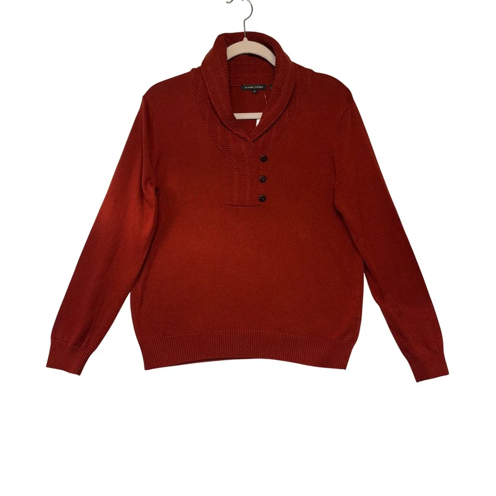 Jeanne Pierre Henna Red Cotton Shawl Collar Button Sweater R5214 Medium New‎